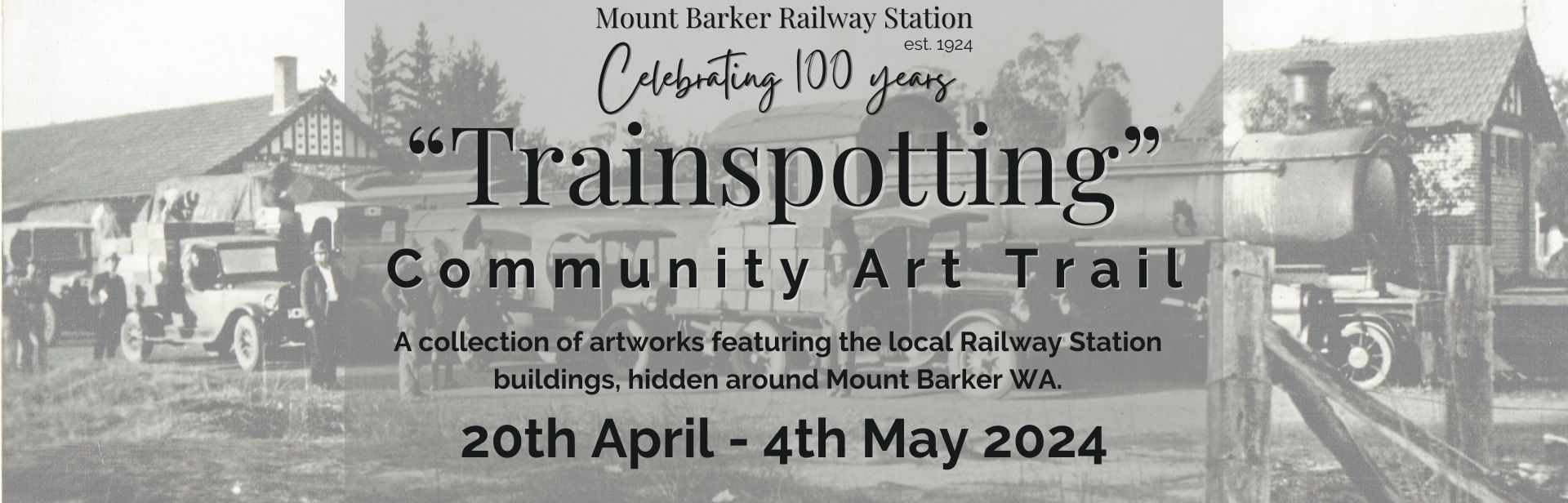 A collection of artworks featuring the Mount Barker Railway Station buildings, hidden around Mount Barker, WA. Follow the trail, find the trains,  buy your piece of Mount Barker. Celebrating one hundred years of Western Australian Railway History.