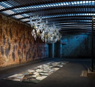 Artwork Alex Seton Everything was Beautiful and Nothing Hurt 2022 Soda Glass nylon steel marble offcuts Dimensions variable Glassblower Katie Ann Houghton Set within the historic men s exercise yard related image