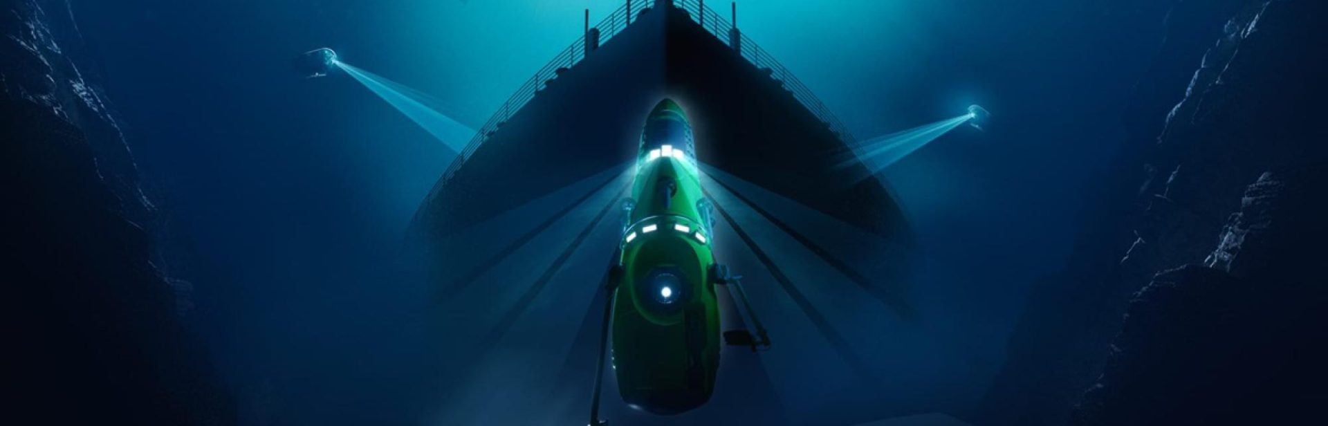 Deep sea submersible diving in front of the Titanic wreck