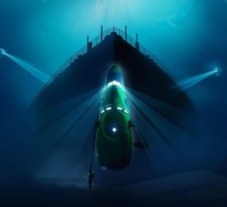 Deep sea submersible diving in front of the Titanic wreck related image