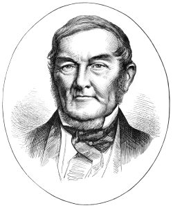 A black and white sketch of the face of an austere man ringed in an oval surround.