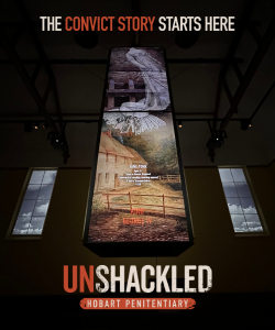 A column of screens displaying historical images of landscapes and a sketch of a bonnet Text on the screen is the convict record details for Jane Torr The brand name unshackled is at the bottom in large font