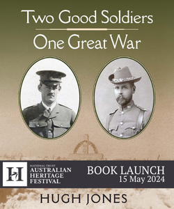 A book cover in army green fading to army khaki with oval images of two soldiers and the title in text Two Good Soldiers One Great War