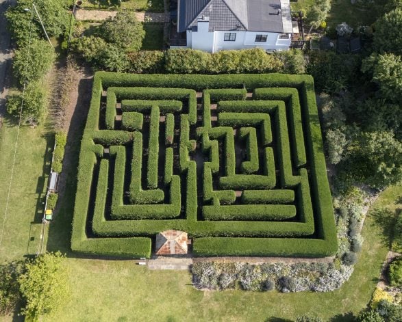 Aerial shot of the maze at Harpers Mansion