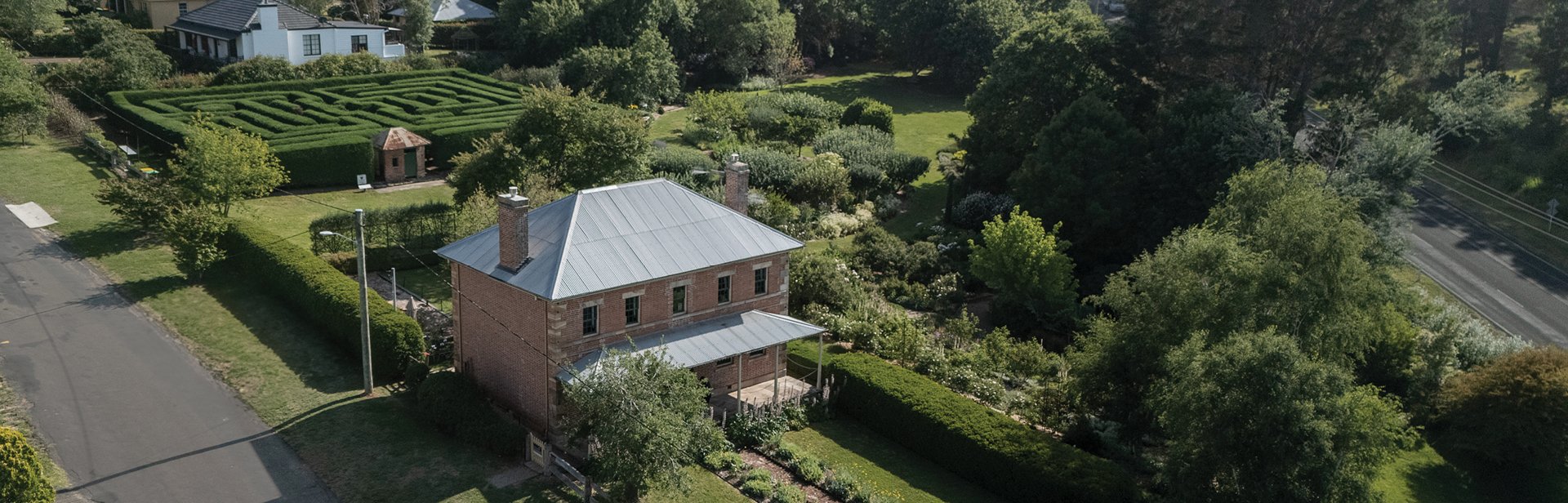 Overhead shot of historic Harpers Mansion and gardens