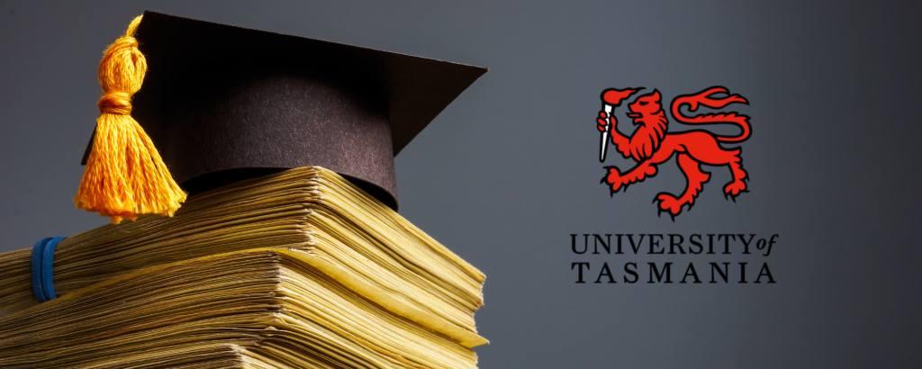A stack of papers and a Graduates cap next to the University of Tasmania logo on a charcoal background