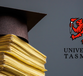 A stack of papers and a Graduates cap next to the University of Tasmania logo on a charcoal background