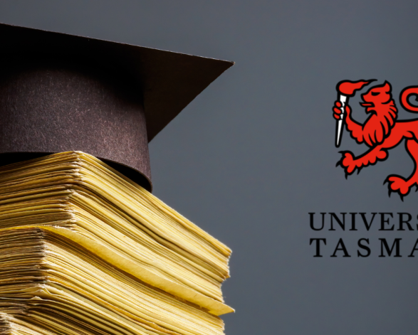 A stack of papers and a Graduates cap next to the University of Tasmania logo on a charcoal background