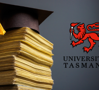 Martin Davies Scholarship  a stack of papers and graduates cap with the University of Tasmania logo to the right