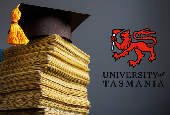 Martin Davies Scholarship  a stack of papers and graduates cap with the University of Tasmania logo to the right